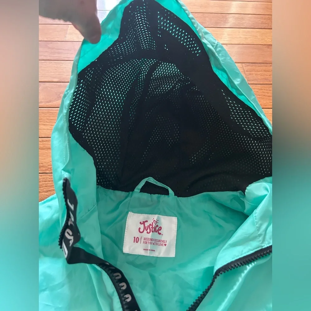 Justice Girls Teal Packable Windbreaker Rain Jacket Size 10